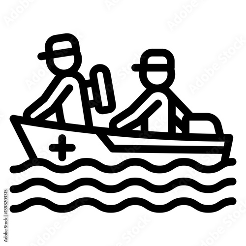 Motorboat with lifeguard team line icon, human rescue concept. Vector graphics. Boat with rescuers, paramedic sign on white background, style mobile or design.