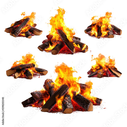 A magnificent fire with four different flames flickering together creating a visual feast of light and warmth in the dark isolated on transparent background..
