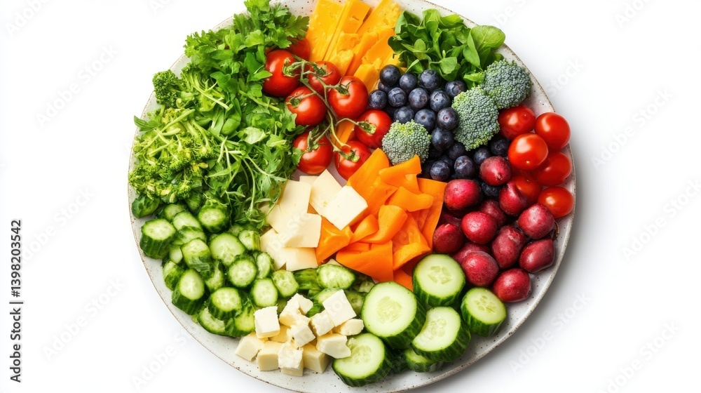 fresh vegetables, fruits, and cheeses beautifully arranged on a white plate
