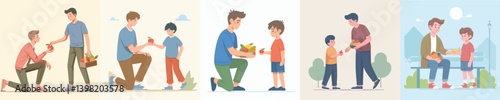 vector of little boy sharing fruit with young man