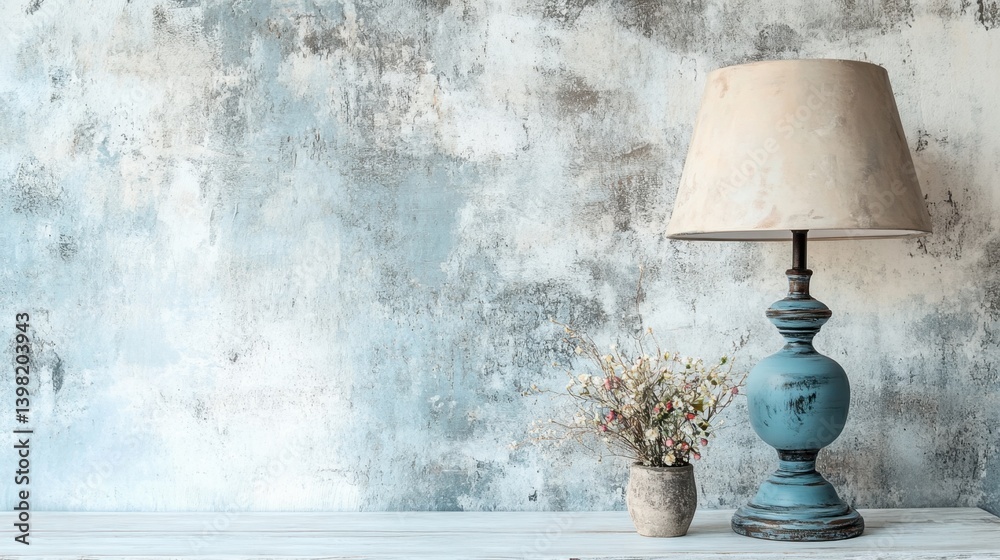 a vintage blue table lamp and a small vase of dried flowers set against a textured, weathered wall
