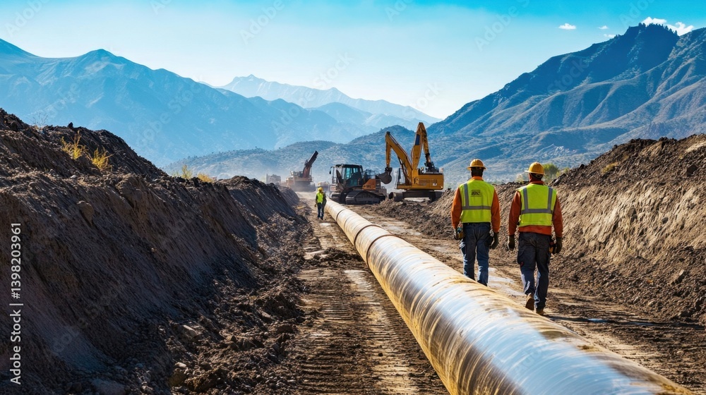 construction workers in safety gear walking alongside a newly installed pipeline