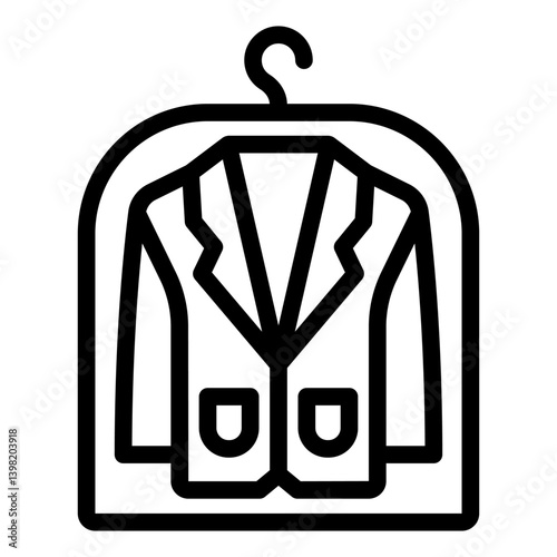 Jacket in plastic bag on hanger line icon, laundry service concept. Vector graphics. Clothes dry cleaning, washing sign on white background, style mobile or design.