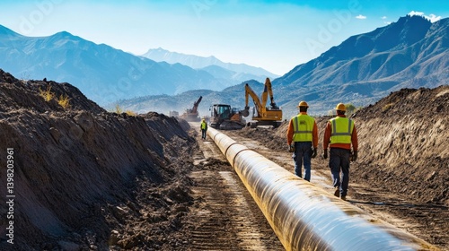Obraz na płótnie construction workers in safety gear walking alongside a newly installed pipeline w salonie