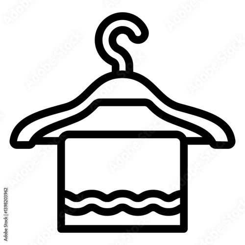 Towel on hanger with hook line icon, laundry service concept. Vector graphics. Hanger with fresh towel, cloth sign on white background, style mobile or design.