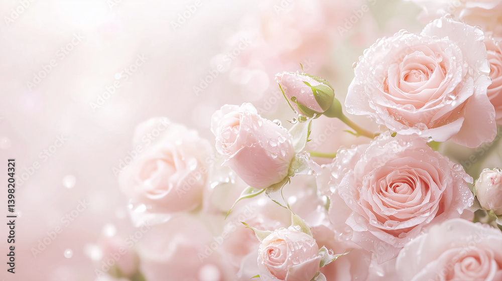 Fototapeta premium Soft pink roses blooming in a romantic pastel background