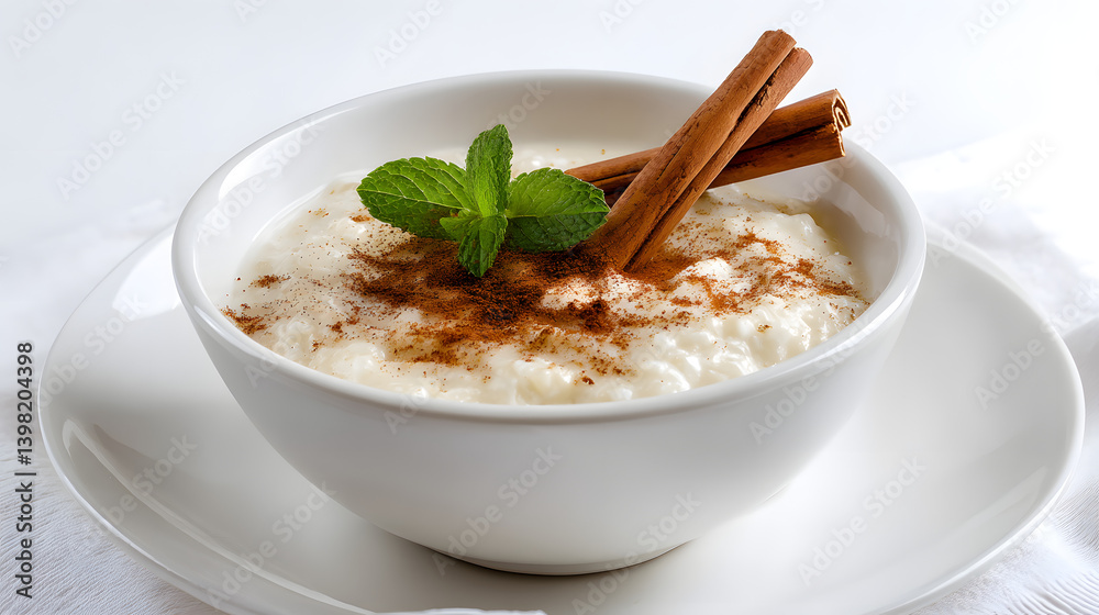 Delicious Montenegrin Rice Pudding in a White Ceramic Bowl with Cinnamon and Mint Garnish Delicious Montenegrin Rice Pudding in a White Ceramic Bowl with Cinnamon and Mint Garnish