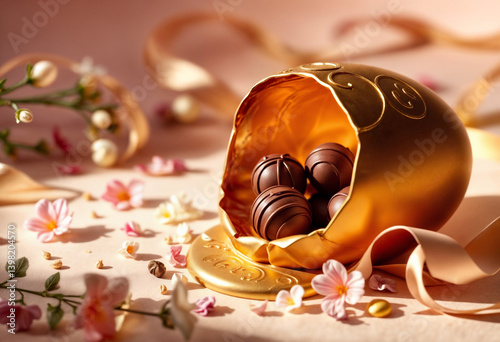 Obraz na płótnie Luxury Chocolate Truffles in Open Gold Egg with Floral Decorations w salonie