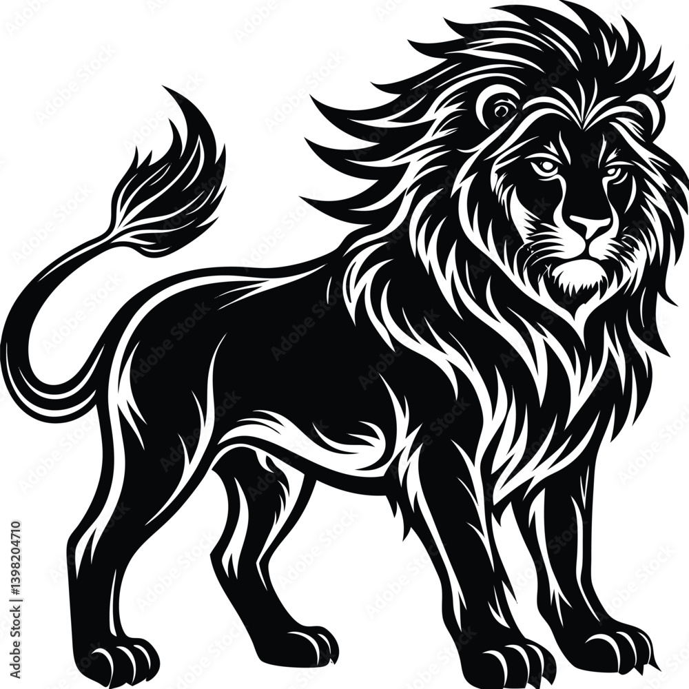 Obraz premium Black Silhouette Of a Walking Lion Isolated On White, Bold Mane, Strong