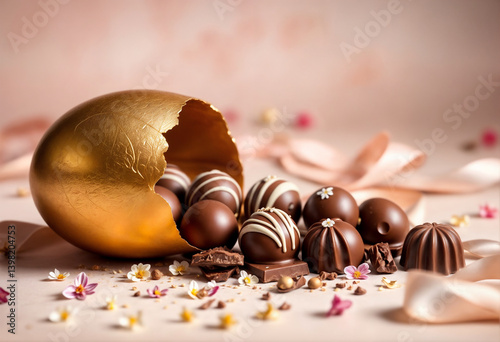 Assorted Artisan Chocolates Spilling from Golden Egg on Soft Pink Surface
