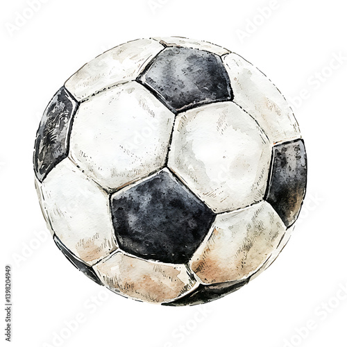 Watercolor illustration of a classic soccer ball featuring a pattern of white and black pentagonal panels isolated on white.