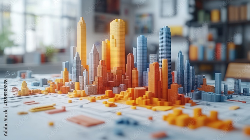 Architectural Model Cityscape with Vibrant Colors and Intricate Details
