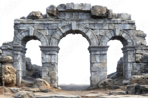 Ancient Stone Archway Ruins Triple Arch Gateway Historical Architecture Isolated on White Background