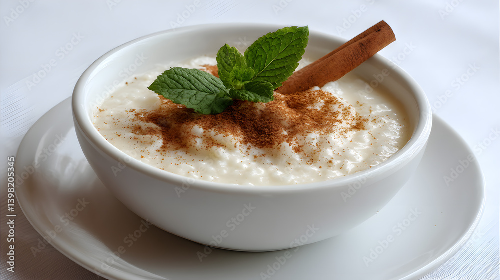 Creamy Rice Pudding in White Ceramic Bowl with Cinnamon Stick and Mint Leaf Decoration Creamy Rice Pudding in White Ceramic Bowl with Cinnamon Stick and Mint Leaf Decoration