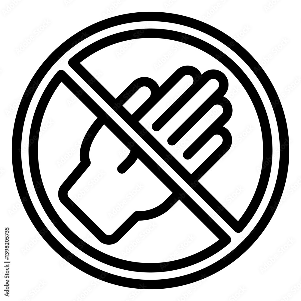 Human palm hand ban line icon, prohibited elements concept. Vector graphics. Hand touch, touching forbidden sign on white background, style mobile or design.