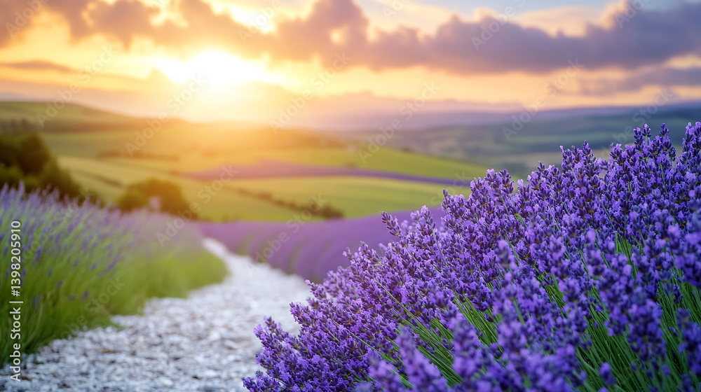 Obraz premium Lavender field at sunset, showcasing vibrant colors and an idyllic rural landscape filled with natural beauty and tranquility.