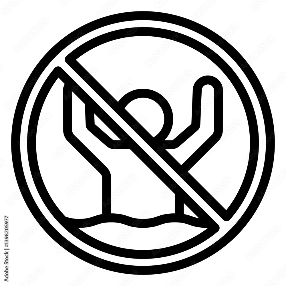Swimming man ban line icon, prohibited elements concept. Vector graphics. Swim area, human drowning forbidden sign on white background, style mobile or design. Swimming man ban line icon, prohibited elements concept. Vector graphics. Swim area, human drowning forbidden sign on white background, style mobile or design.