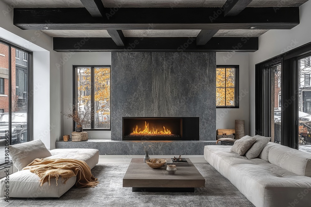 Fototapeta premium Modern sleek living room with black beams, white walls, gray carpet, and silver accents, featuring comfortable sofas, armchair, and a fireplace with a blue wall.