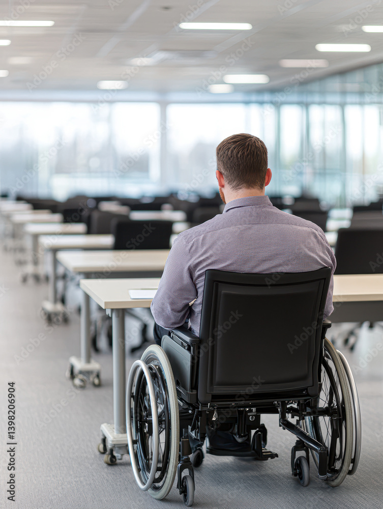 A man in a wheelchair sits alone in a modern, empty conference room. A man in a wheelchair sits alone in a modern, empty conference room.