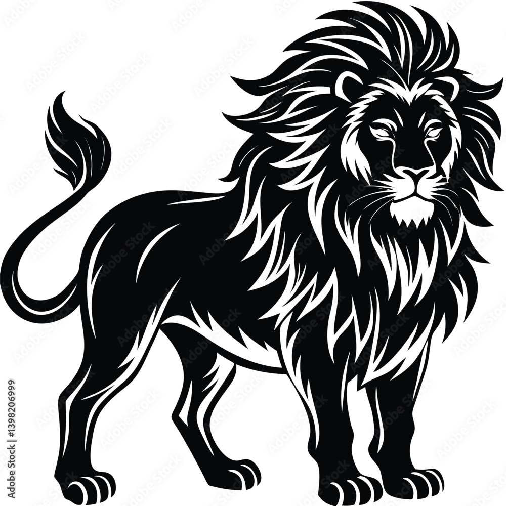 Obraz premium Striking Black Lion Illustration, Detailed Mane, Majestic Animal, Powerful Feline Design