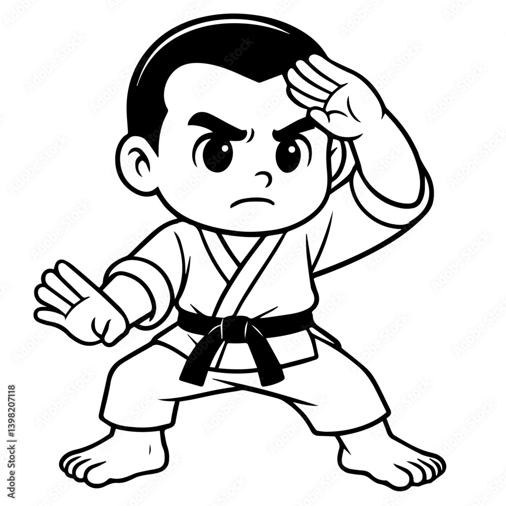 A determined cartoon boy in a karate gi and black belt strikes a dynamic pose, showcasing martial arts training and discipline. A determined cartoon boy in a karate gi and black belt strikes a dynamic pose, showcasing martial arts training and discipline.