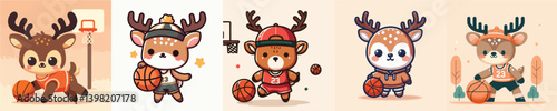 cute deer playing basketball vector collection