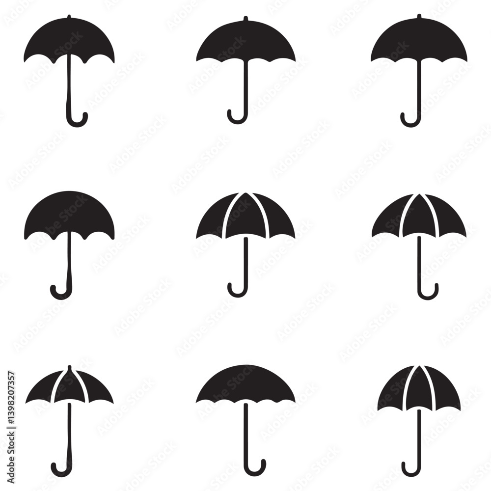 Umbrella simple icon set. Umbrella. Vector Black silhouettes illustration. with white background Umbrella simple icon set. Umbrella. Vector Black silhouettes illustration. with white background