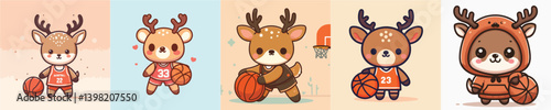 cute deer playing basketball vector collection