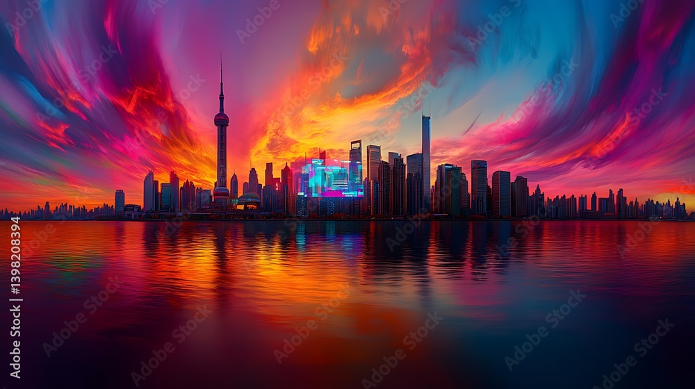 Fototapeta premium Shanghai Skyline at Sunset: A Vibrant Cityscape
