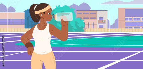 Young African American woman resting and drinking water after running at stadium. Wellness recovery flat vector illustration