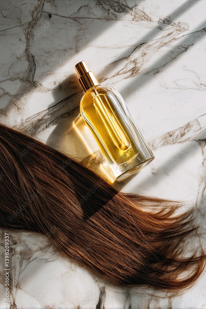 Fototapeta premium Elegant hair oil and smooth hair product for hair care, featuring hair care ingredients and hair care packaging for silky results 