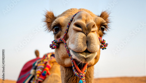 Camel looking at the camera in the desert