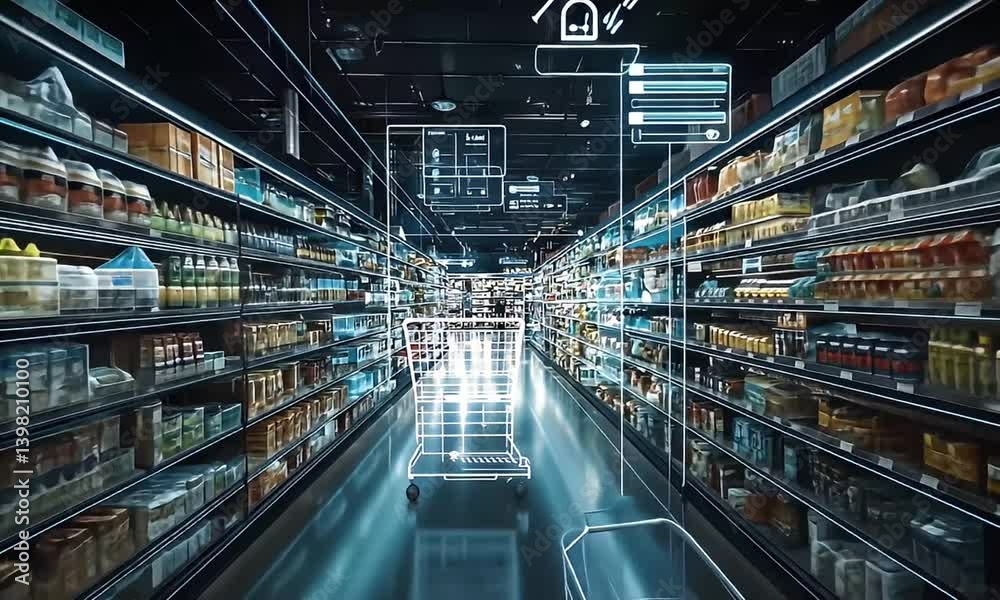 Futuristic grocery store with augmented reality shopping cart