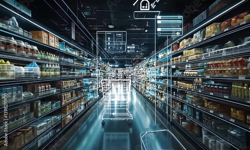 Futuristic grocery store with augmented reality shopping cart