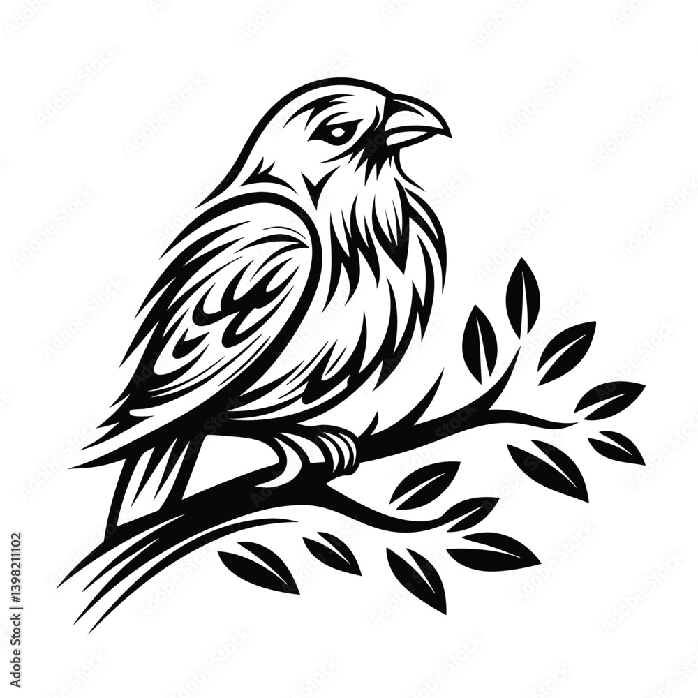 Obraz premium Monochrome Bird Perched on Branch with Leaves Silhouette, Isolated on White Design