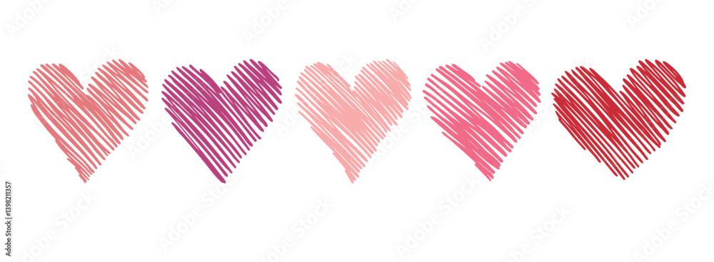 Pink and red scribble pen hatching hearts love icon. Romantic decorative elements. Symbol love, friendship or care, hand drawn doodle hearts set
