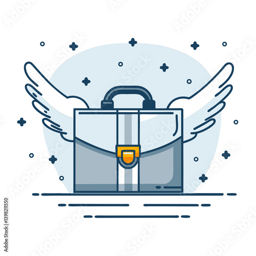 Business freedom icon with flying briefcase in blue and white colors