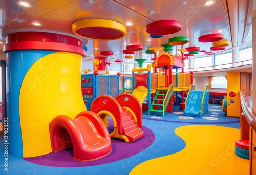 Vibrant kids' zone on cruise ship with colorful play structures and soft flooring, bright, nautical photo