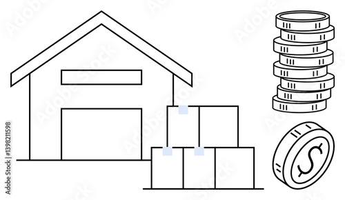 Warehouse structure, stacked boxes, and coins representing storage, logistics, inventory, shipping, e-commerce supply chain budgeting. Ideal for business trade and economics themes. Flat simple