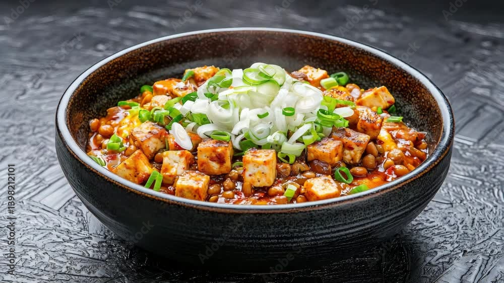 A visually appealing bowl of tofu garnished with green onions in a rich sauce, sitting on a textured black surface. A visually appealing bowl of tofu garnished with green onions in a rich sauce, sitting on a textured black surface.