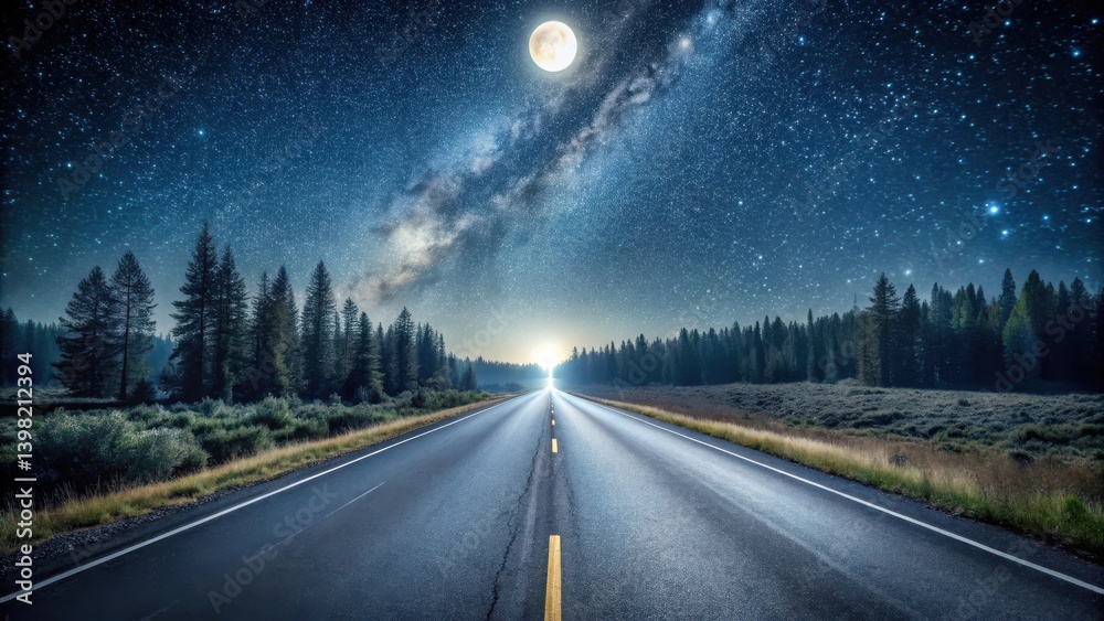 Naklejka premium Asphalt Path Under a Celestial Canvas Night Road Journey Through Starlit Forest