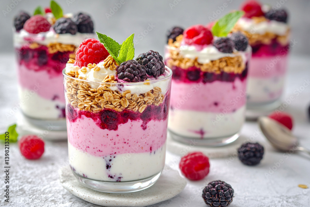 Delicious and Colorful Layered Berry Parfait with Yogurt, Granola, and Fresh Mint, Perfect for Summer Treats and Healthy Breakfast Delicious and Colorful Layered Berry Parfait with Yogurt, Granola, and Fresh Mint, Perfect for Summer Treats and Healthy Breakfast