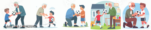 vector grandfather giving soccer ball to young man