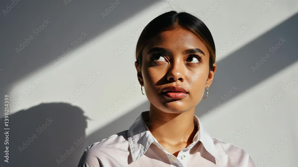 Thoughtful young adult woman gazes upwards in bright light, wearing a white collared shirt and gold earrings against a white wall
