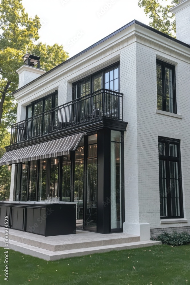 Fototapeta premium A contemporary white house featuring large, expansive windows and a chic outdoor patio, nestled within a serene wooded area, illuminated by daylight
