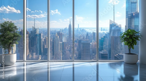 A modern room features large windows overlooking a bustling cityscape