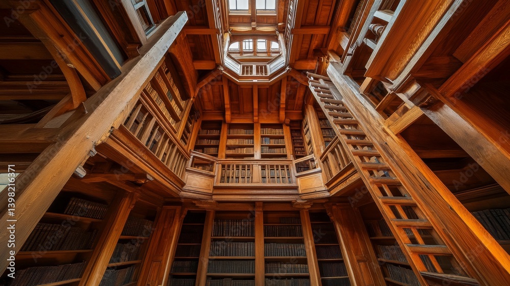 A stunning wooden library reaches toward the sky. The intricate architecture draws the eye upwards. This unique space inspires creativity and learning. Generative AI
