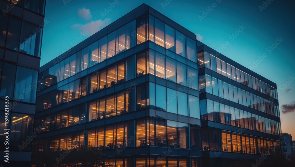 Modern Glass Building at Dusk, Cityscape Architecture