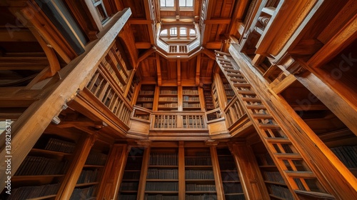 Obraz na płótnie A stunning wooden library reaches toward the sky. The intricate architecture draws the eye upwards. This unique space inspires creativity and learning. Generative AI w salonie