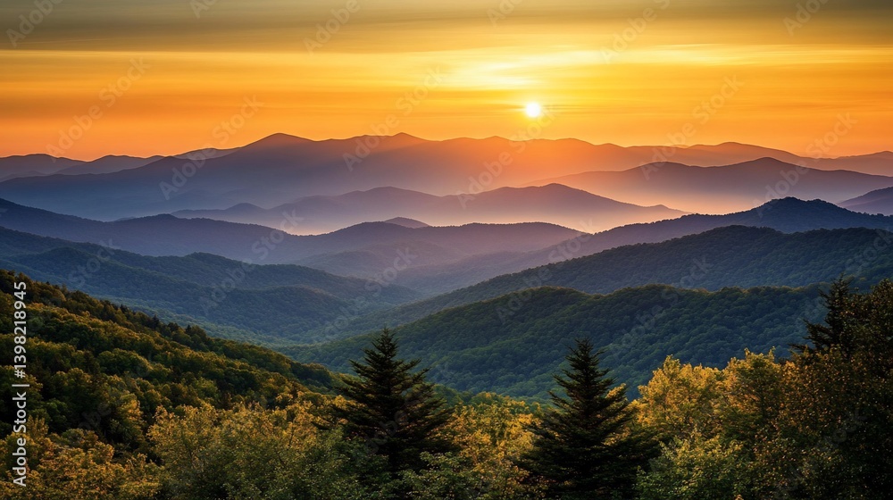 Obraz premium Vibrant sunset over layered mountain ranges, showcasing diverse foliage and tranquil atmosphere.